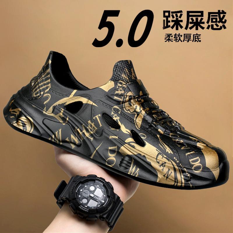 

2025 summer men s breathable hole shoes new one-pedal cover soft-soled beach slippers thick-soled sports sandals 45 чёрный