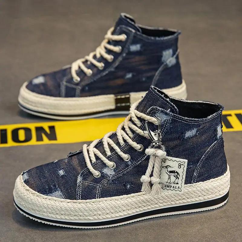 Herre High Top Canvas Sneakers med Snøring Klassiske Casual Gåsko Ungdom Rundown Stil Cricketsko