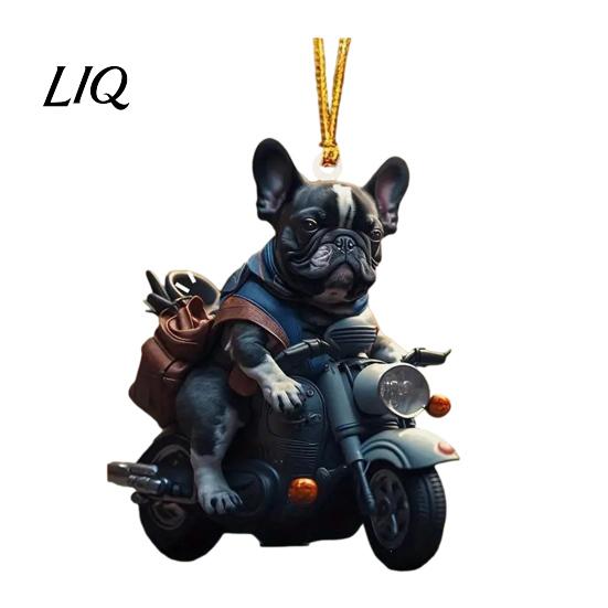 Novelty Puppy Gift for Friend Riding Motorcycle Car Pendant, 2D Flat Acrylic Rearview Lightweight Backpack Keychain Mirror Hanging Charm, Christmas