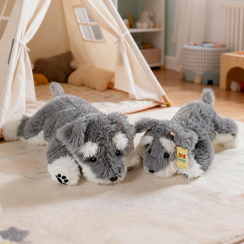 Lindo Peluche de Schnauzer Tumbado Peludo Perro Gris Blanco Animal de Peluche Muñeco Suave Almohada de Cachorro Regalo de Cumpleaños para Niños Decoración del Hogar