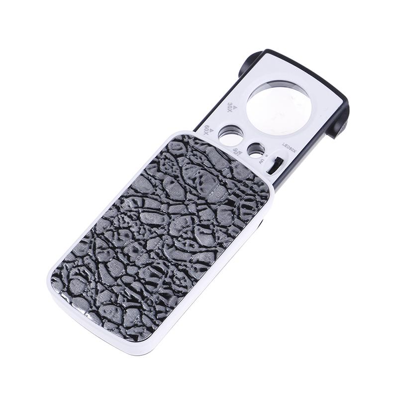 

30X 60X 90X Кишенькова збільшувальна лупа Ювелірне око Скло Лупа Петля Світлодіодні ліхтарі срібний