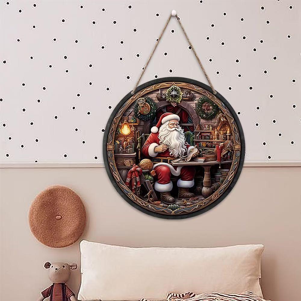 Santa Claus Christmas Wreath Wooden Hanging Sign for Wall, Door, or Window Décor