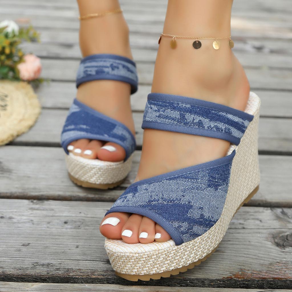 Fashion Summer 2025 new sandals, wedge heel, waterproof platform, thick-soled denim high-heeled large-sized slippers
