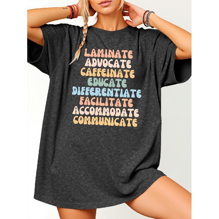 Macaron color scheme inspirational text print for education practitioners T Shirt| Teacher's Commuting Gentle Casual Loose Round Neck Top|Vintage