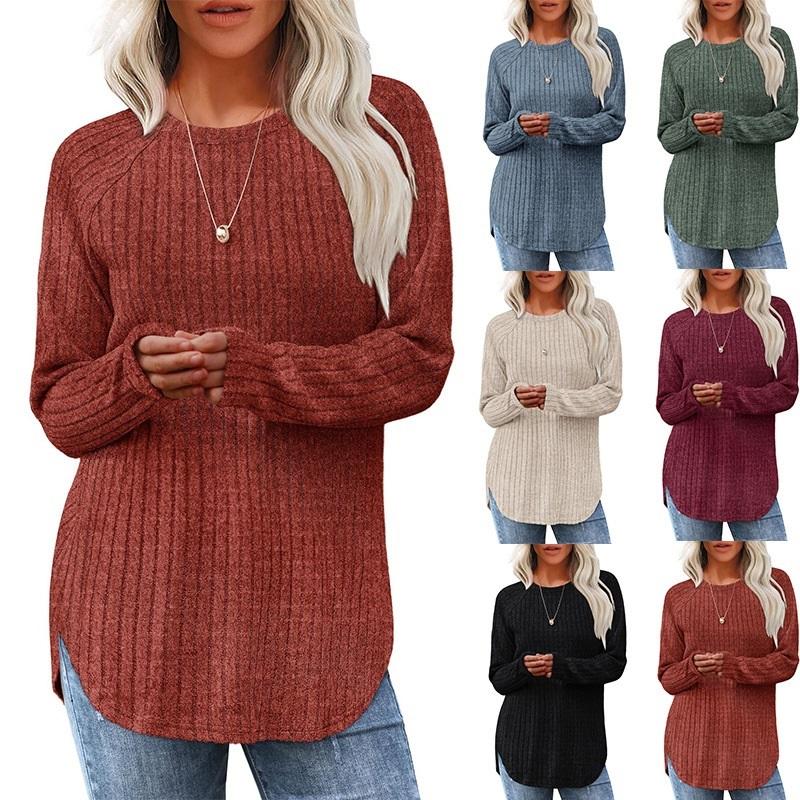 Autumn Women's Loose Fit Round Neck High Low Hem Long Sleeve Sweater Stylish Casual Top For Women Fashionable Fall Apparel