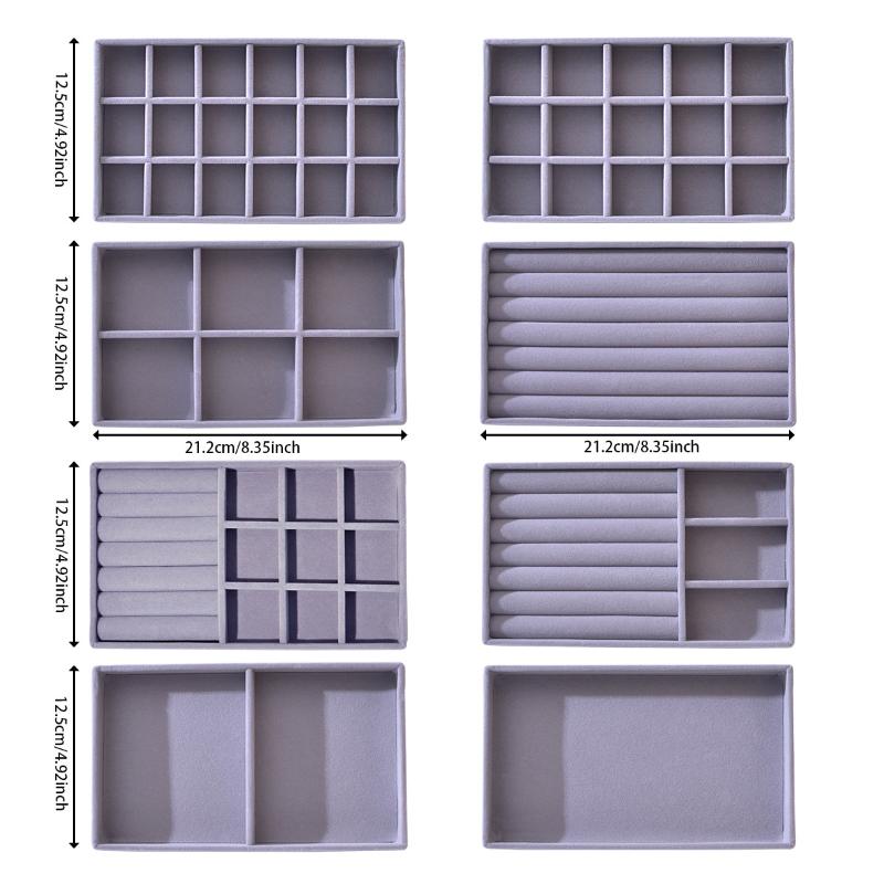 Flocking Jewelry Storage Box & Tray Set Space Saving 4/6/8Pcs for Organizing Rings Earrings Necklaces Vanity Drawer Use