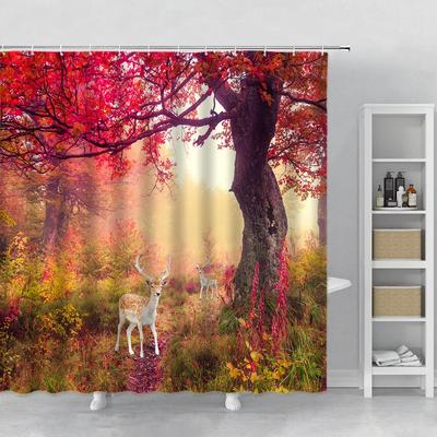 Cortina de Ducha Paisaje Forestal Cascada Soleada Bambú Verde Niebla Selva Escenario de Otoño Cortinas de Baño Decoración para Bañera Ganchos