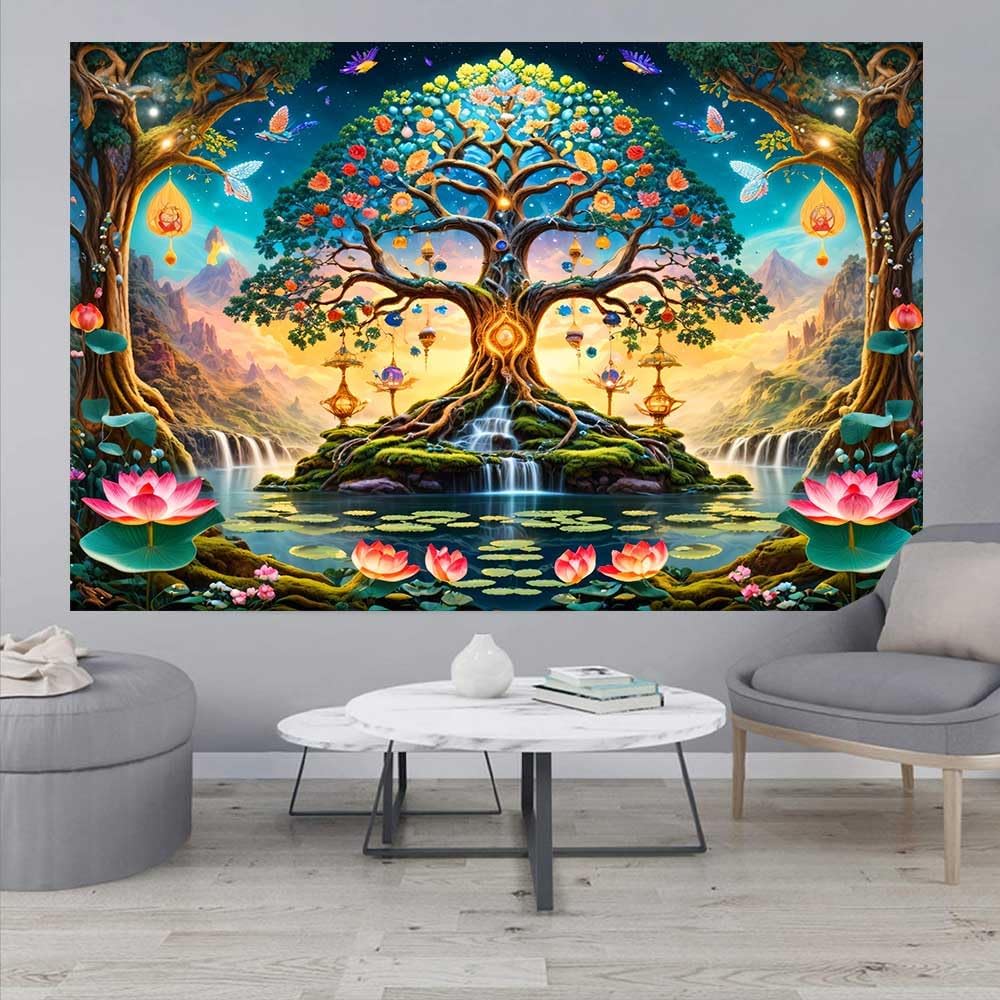 Fantasy Forest Tree Tapestry Green Nature Tree Of Life Tapestry For Bedroom Aesthetic Waterfall Lotus Flower Natural Landscape