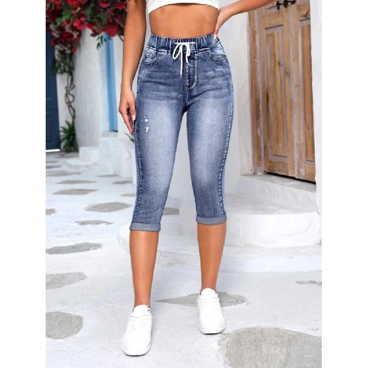 Damskie Spodnie Jeansowe Vintage Lato Wysoki Stan Slim Fit Sznurek w Pasie Spodnie Capri Streetwear Krótkie Spodenki Jeansowe Collant