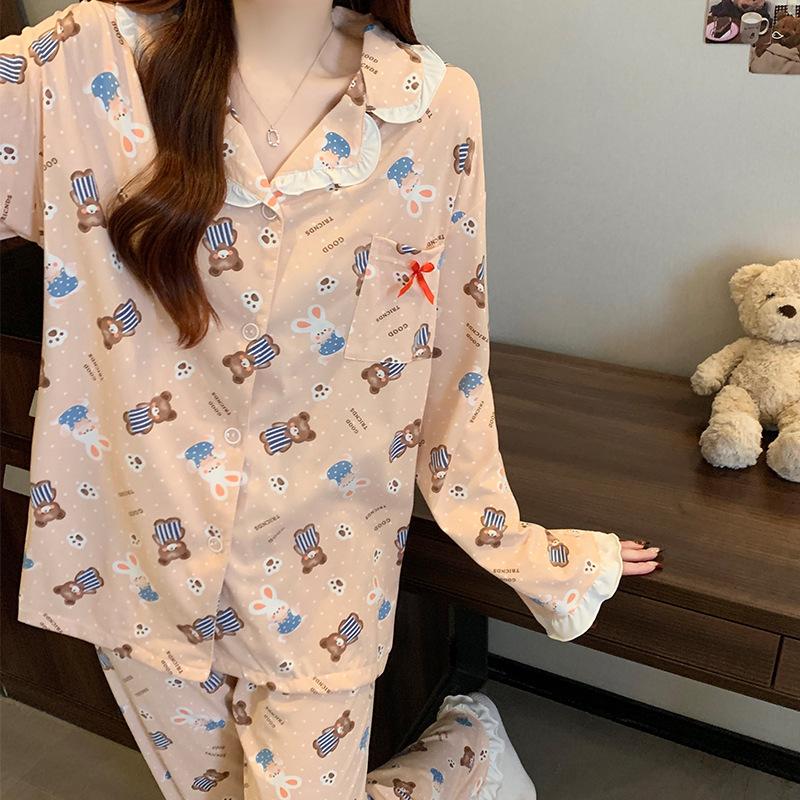 Jarní novinka roztomilý medvídek králíček krajkový klopový límec dlouhý rukáv kalhoty pohodlné imitace bavlny pyžamo dámská souprava pro volný čas