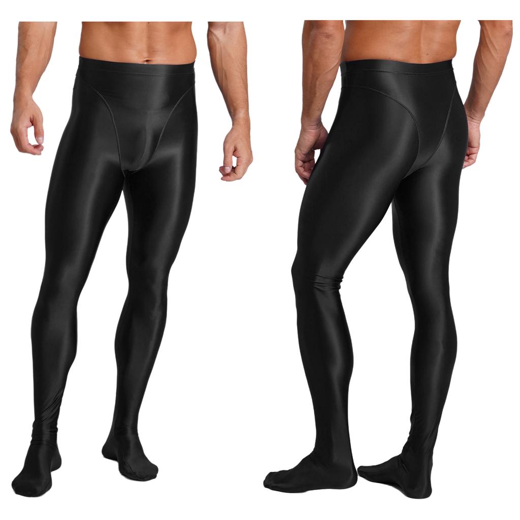 Mens Glossy Stretchy High Waist Fake Two Piece Tights Pants Leggings Yoga Wear