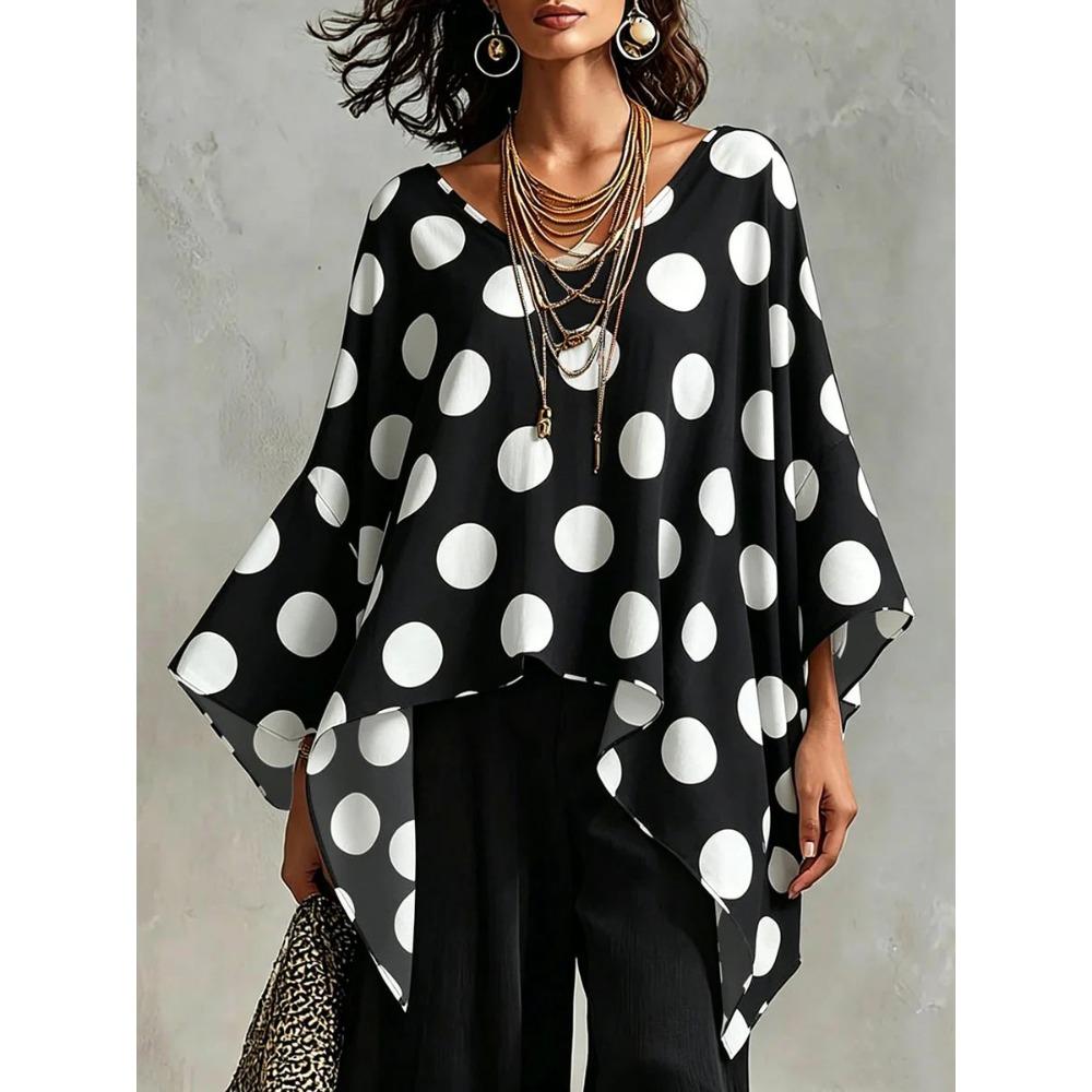 Women's V Neck Three Quarter Sleeve Blouse Loose Fit Boho Style Polka Dot Print Irregular Hem Casual Top For Summer Daily Wear
