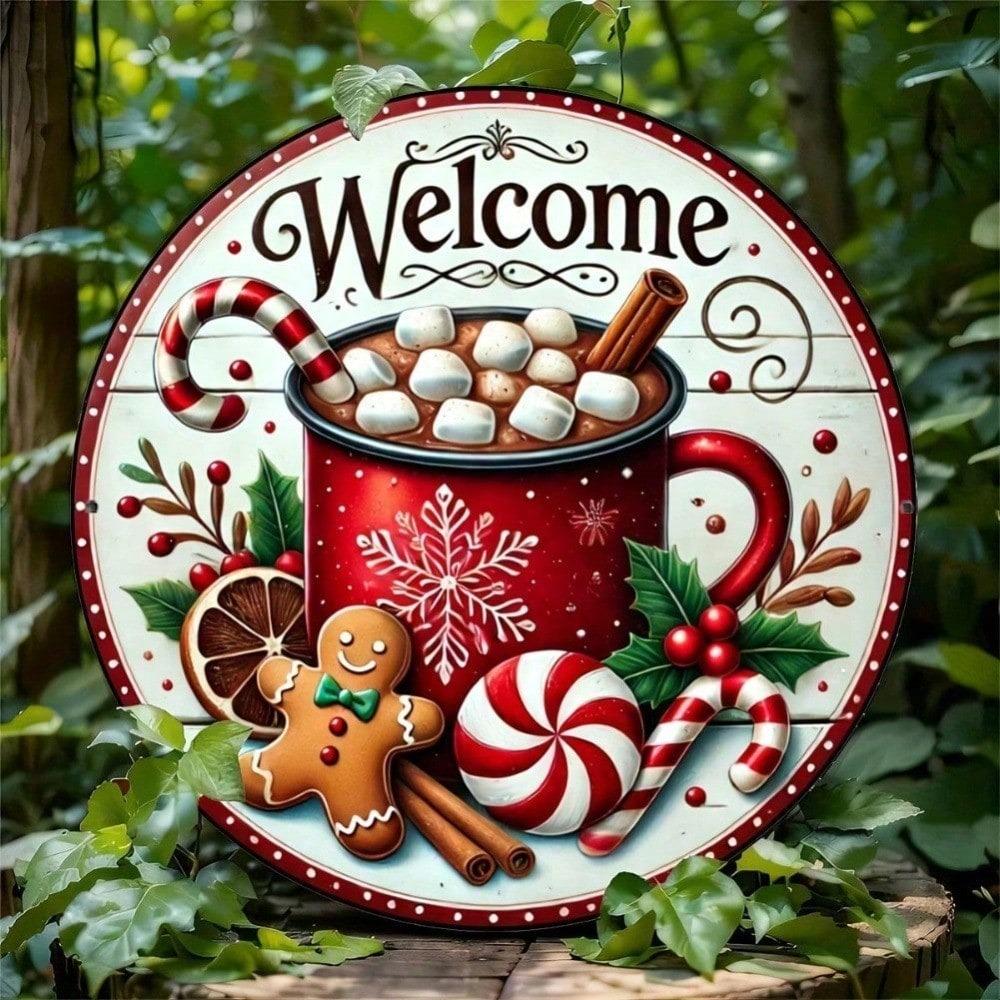 Metal Round Sign Gingerbread Man Christmas Wall Decor 20cm Welcome Plate For Home Restaurant