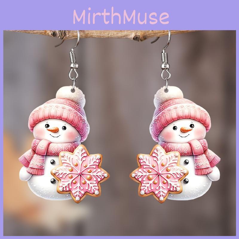 Christmas Theme Cute Cartoon Pink Hat Scarf Snowman Pattern Women Earrings For Holiday Party Decor