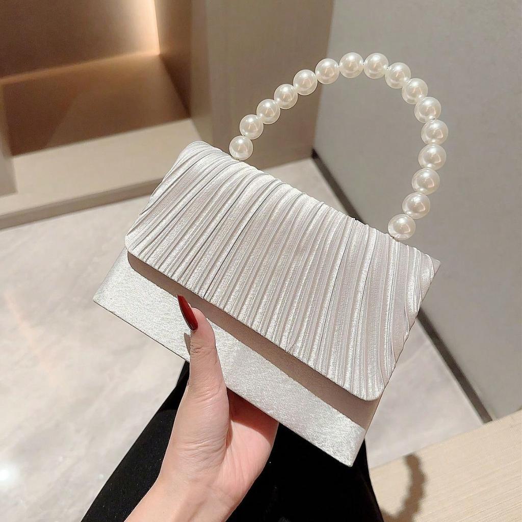 Dinner Bag Pearl String Handbag Dress Evening Bag Folded Flip Bag Women's Small Square Bag