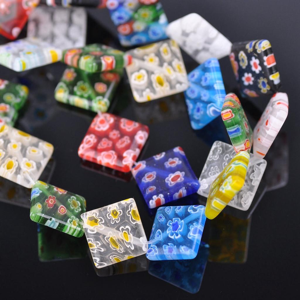 20pcs Diagonal Square Shape Mixed Flower Patterns 10mm 14mm Millefiori Glass Loose Beads for DIY Crafts Jewelry Making Accessories Findings