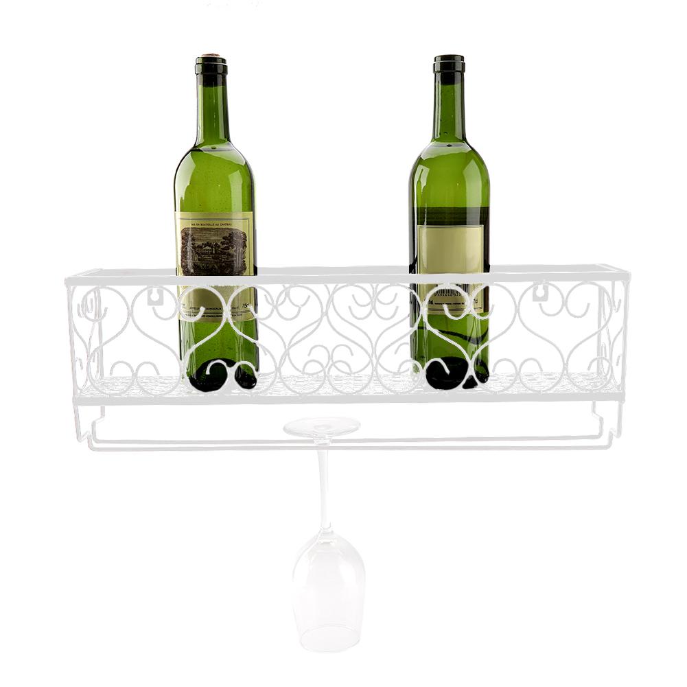 Wall Mount Metal Wine Rack Bottle Champagne Glass Holder Storage Bar Accessory with Shelf White