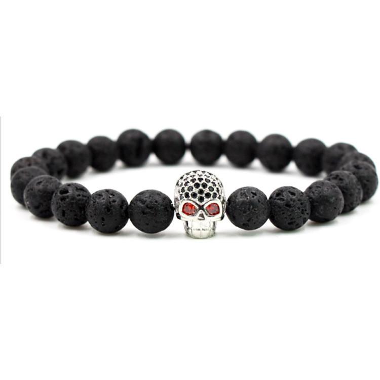 Bracciale con Perle di Roccia Lavica Geometrica con Teschio Micro-incastonato in Zirconi per Uomo Donna Regalo