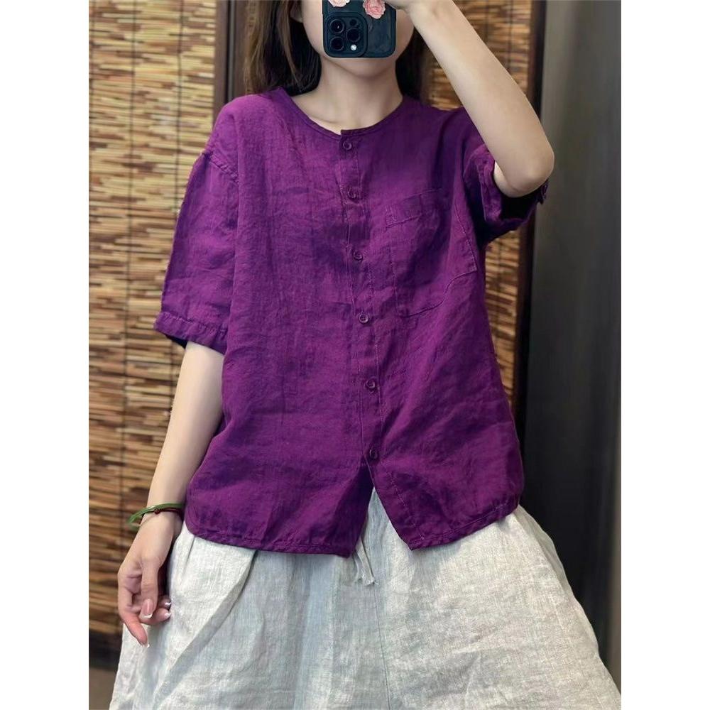 Cotton and Linen Short-sleeved Round Neck Shirt Women's Summer Retro Literary Loose All-match Cardigan Top