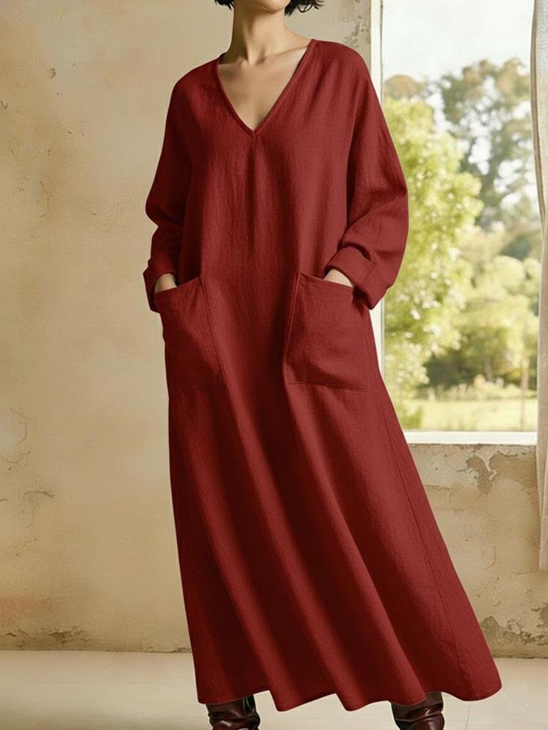 Robe décontractée unie à manches longues en coton et lin, col en V, pour le printemps 2026 en Europe