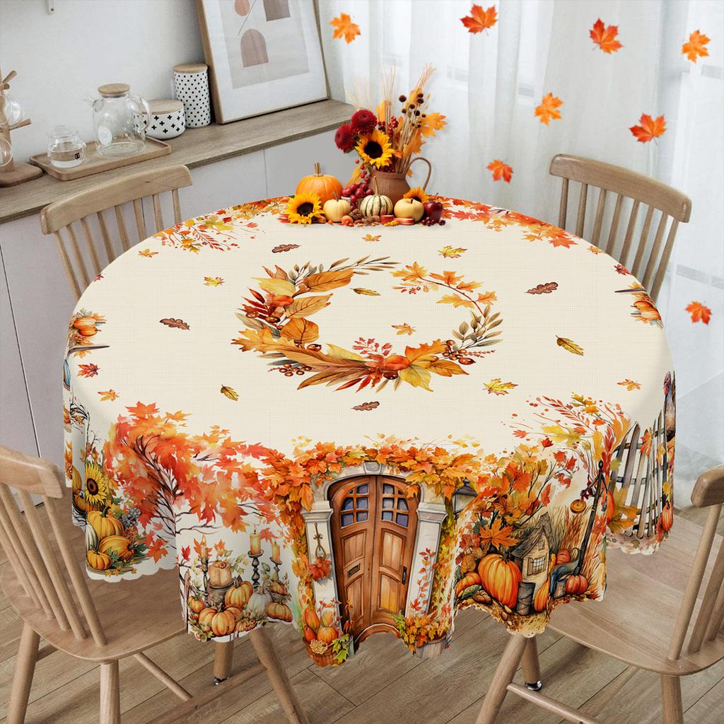 1 Piece Autum Collection Theme Round And Rectangular Tablecloth, Various Sizes, Pumpkin And Autum Fallen Leaf Print Pattern Decorative Tablecloth, Tha