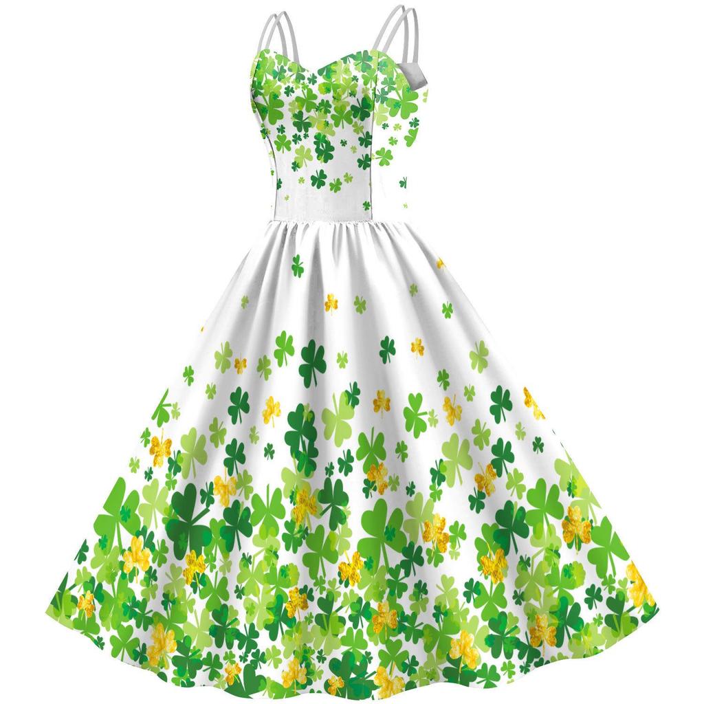 Women's Spaghetti Strap Clover Dress - St. Patrick's Day Irish Festival Clothing