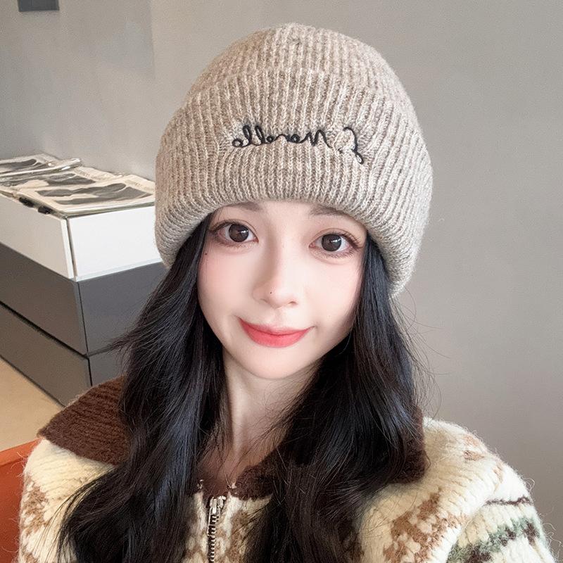 Letter Embroidered Wool Knitted Hat, Casual, Versatile, Thermal and Ear - Protecting, Suitable for Big Head Circumference