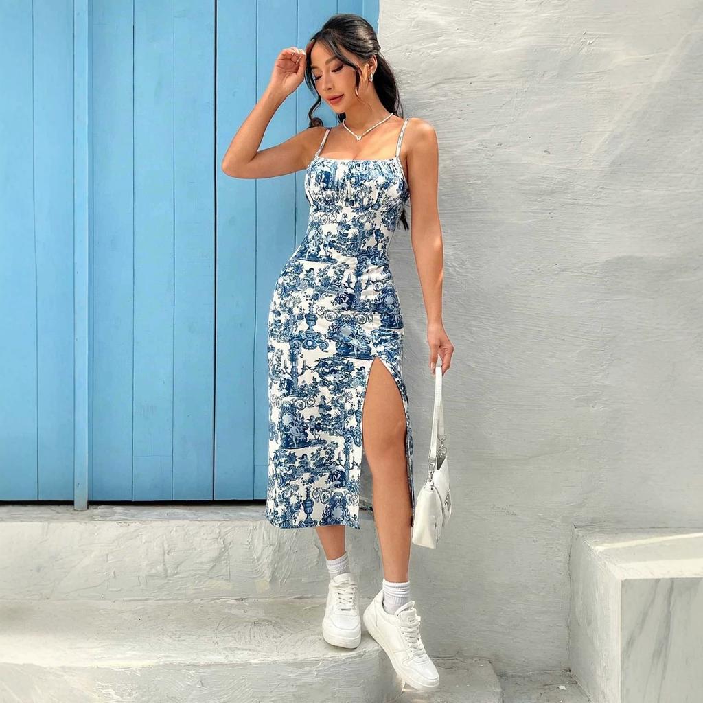 New floral suspender split dress European and American printing sexy slim fit medium and long spicy