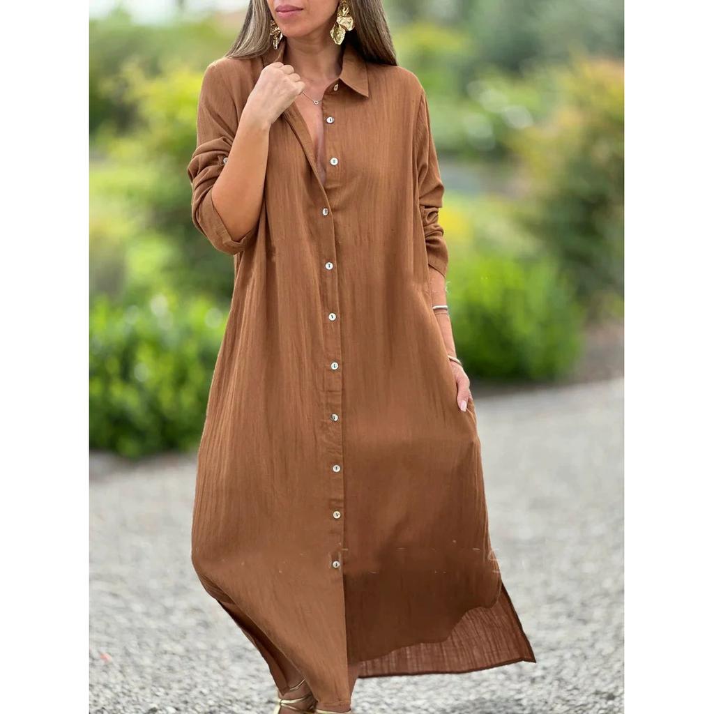 Women's Plus Size Maxi Dress Lapel V-Neck Long Sleeve Dress Casual Solid Color Single-Breasted Long Dress