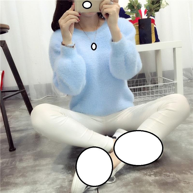 

Зимний флисовый женский свитер из имитации норковой шерсти с круглым вырезом и длинными пышными рукавами, эластичный повседневный свитер, женские вязаные пуловеры, однотонные One Size синий