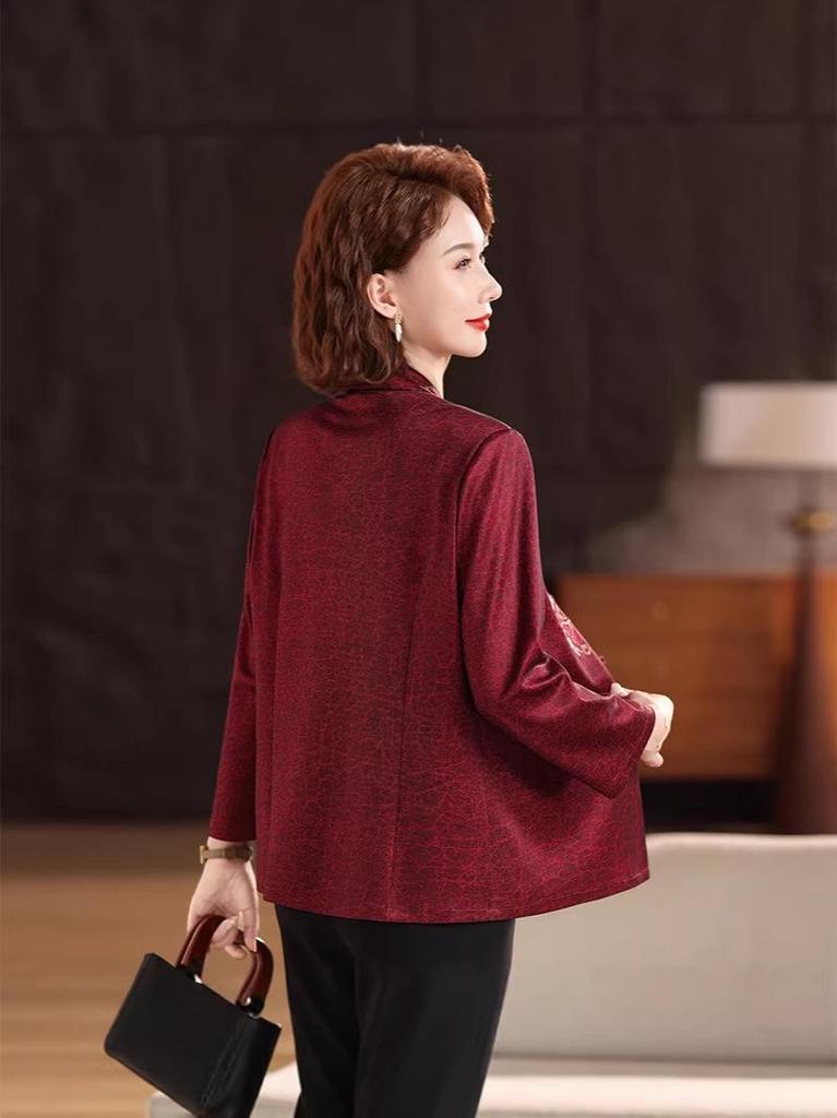 2026 Festive Tang Suit Shirt: Nine-Point Sleeve Chinese Style for Middle-Aged & Elderly Women
