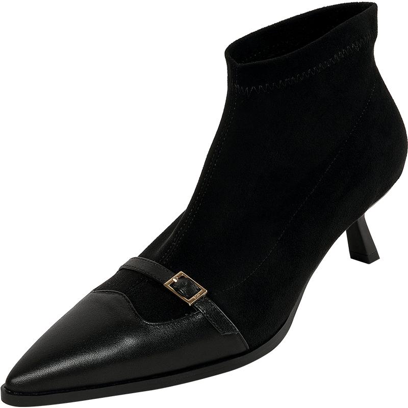 

Модные зимние женские сапоги 2024 года из натуральной кожи Ботильоны с острым носком Ботинки на шпильках Высокие каблуки Кожаные туфли Женская обувь Тонкие каблуки 40