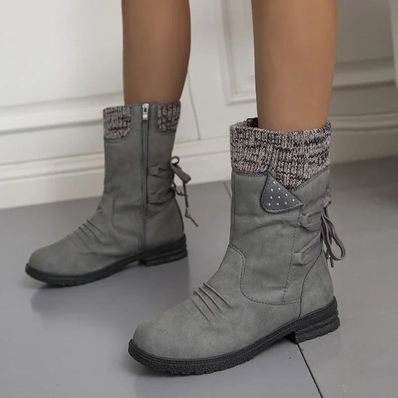 Gestrickte Mid-Calf-Stiefel mit niedrigem Absatz, Schnürung hinten, Reißverschluss an der Seite, Schuhe mit runder Zehenpartie, Damenschuhe