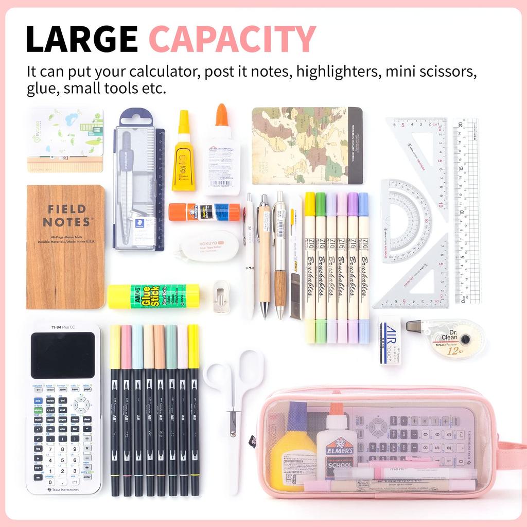 Large Mesh Pencil Case Double Layer Transparent Pencil Pouch, Handheld Multifunctional Cosmetic Bag, Suitable for School Office