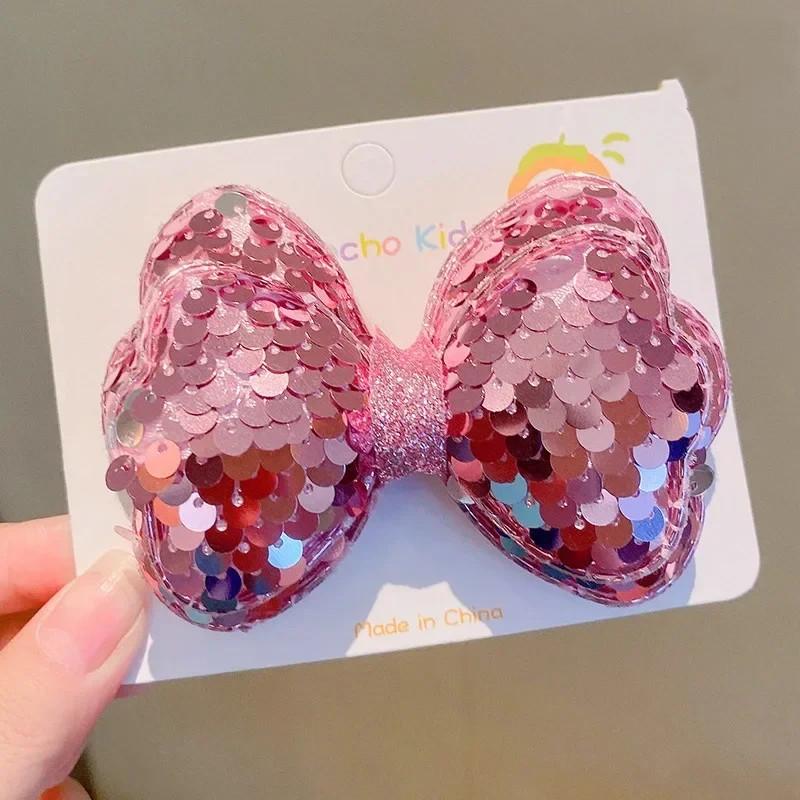 1pc Laser Sequins Bow Hair Clips Girls Children Headdress Bangs Side Duckbill Clip Sweet Cute Hair Styling Accessories Hairbands