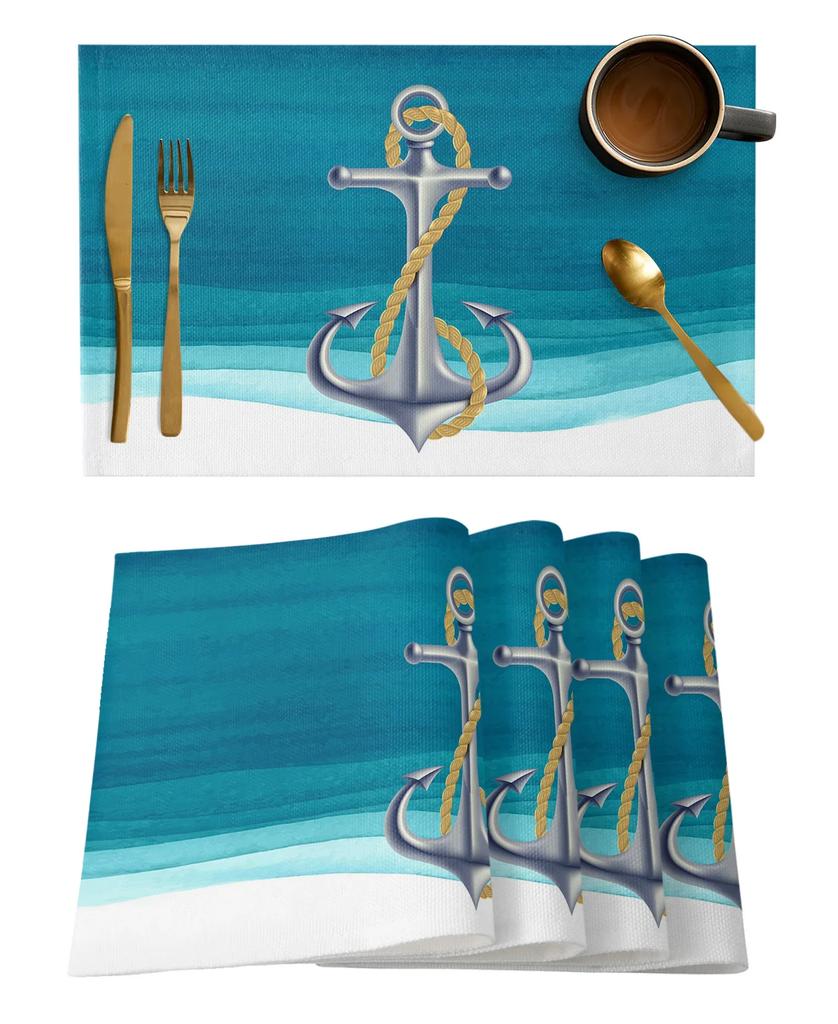 Nautisch Placematten Set, Anker Tafelmatten Wasbaar Zomer Kust Print Placemat voor Vakantie Banket Eetkamer Keukentafel Decor