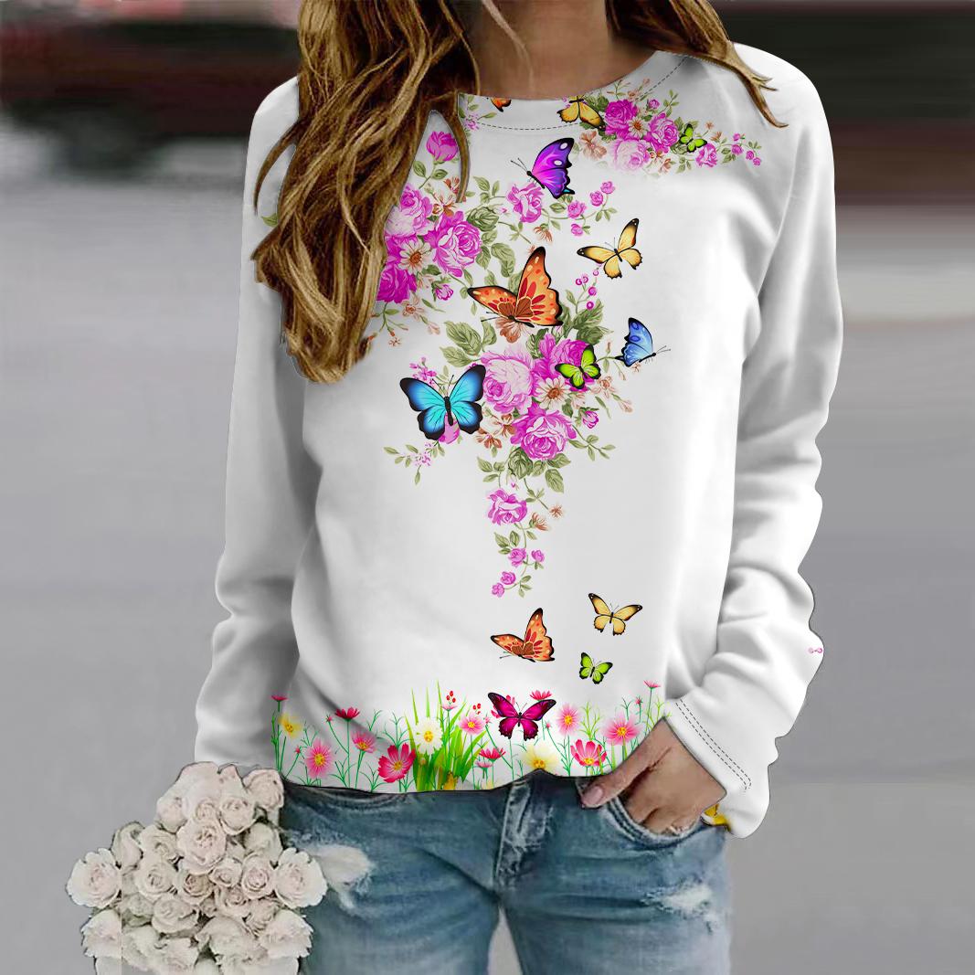 

Осень-Осень женская мода с круглым вырезом и длинным рукавом футболка свободная одежда розовая бабочка принт футболка для девочек уличная 8XL розовый