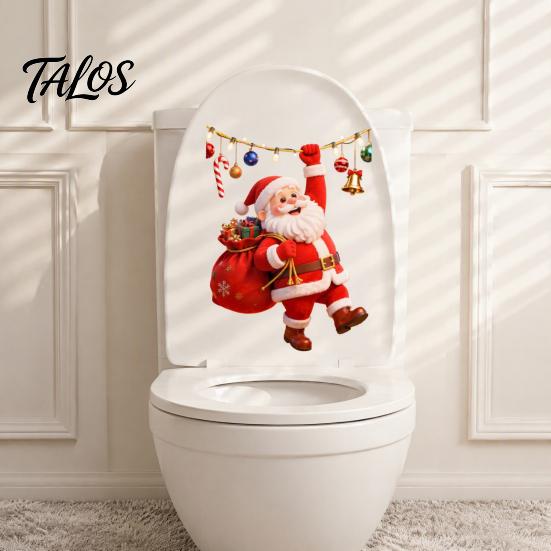 Festive Bathroom Wall Mural Cartoon Santa Claus Toilet Seat Sticker, Waterproof PVC Christmas & Colorful Removable Window Decals Lights Decal,