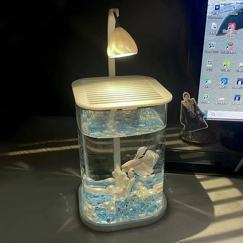 Creative Mini Betta Fish Glass Tank with Light for Desktop Decor, High-End Viewing, and Easy Maintenance.