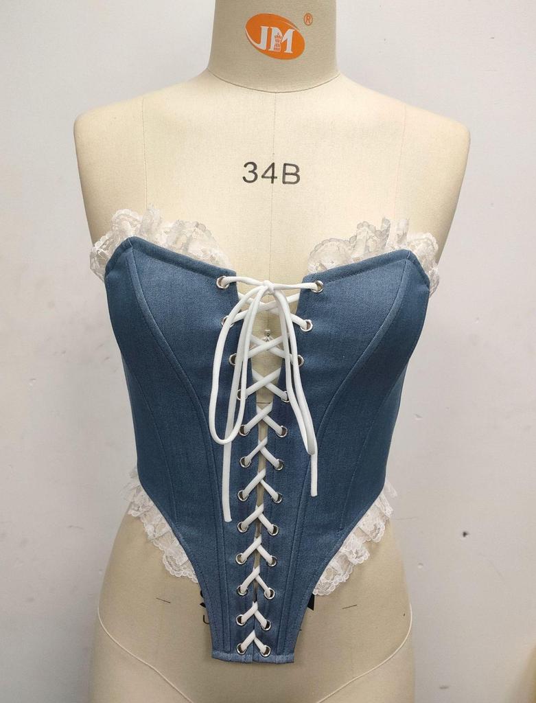 Cross-border Imitation Denim Strapless Lace-Up Boned Top R220