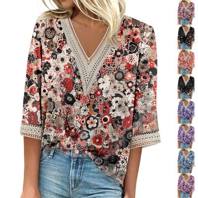 Women's Shirt Blouse Casual Loose Shirts  3/4 Sleeve Lace Print  V Neck Tops Print  Tops T-shirts Tee