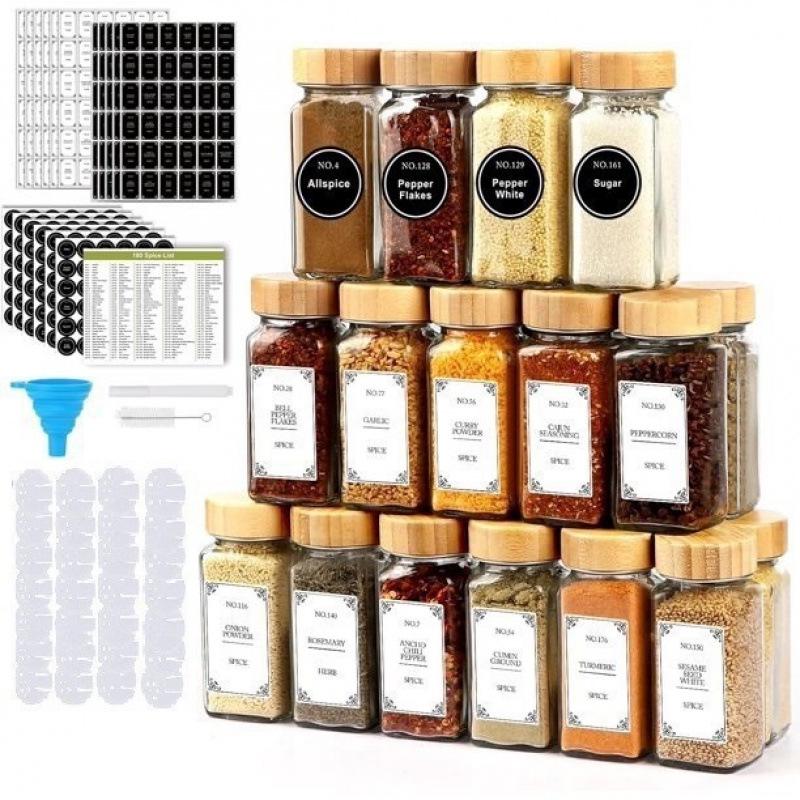 120ml Acacia Wood & Glass Seasoning Jars - 4oz, Square, Set of 24 for Pepper & Spices