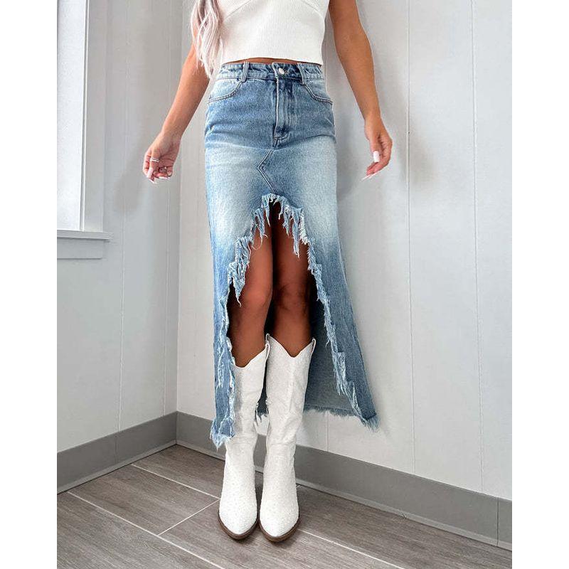 

2025 Fringed Denim Skirt Washed Half Skirt Blue XL