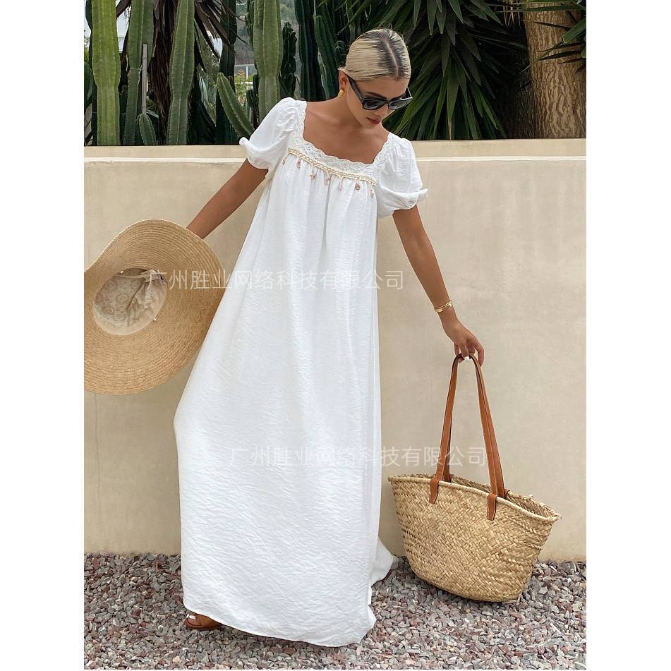 2025 summer new European and American cross-border foreign trade summer lace square collar pleated bubble sleeve long skirt seaside vacation style