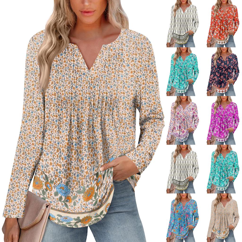 Women's Fashion Casual V Neck Floral Print Long Sleeve Pleated Blouse Top Lightweight Comfortable Soft Fabric Stylish Design