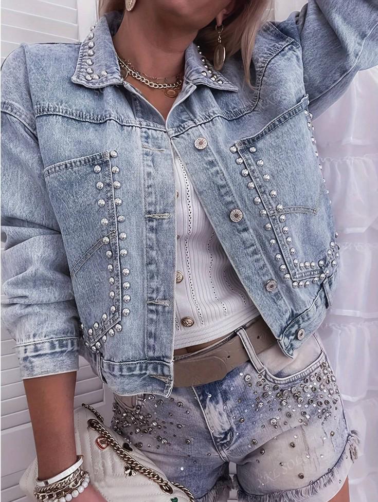 Módní dámská krátká džínová bunda evropského stylu s detaily nýtů od SHEIN