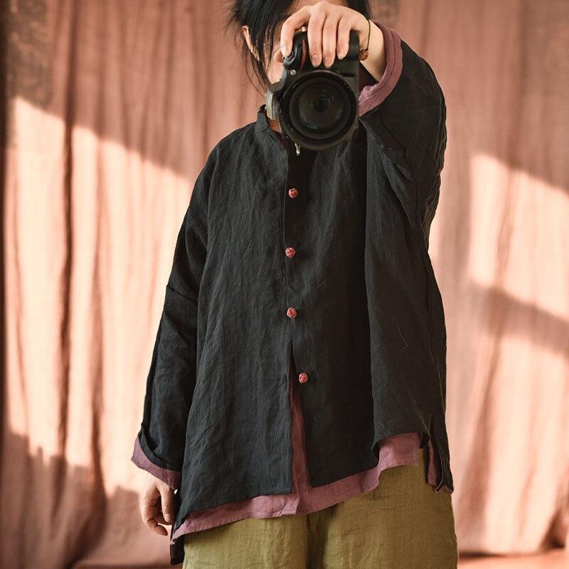 Johnature Frauen Vintage Leinen Taste Mäntel Stehen Einfarbig Lange Hülse Lose Mantel Frühling Chinesischen Stil Casual Kleidung