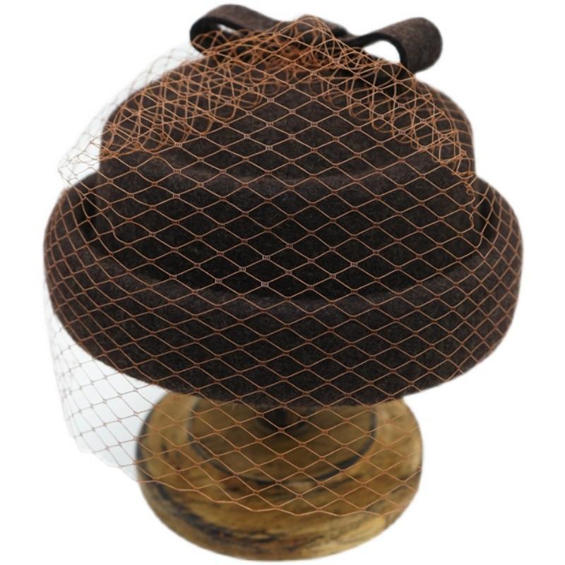 Japanese Retro Black White Brown Bow Mesh Crimped Woolen Top Hat Female Cute Elegant Beret