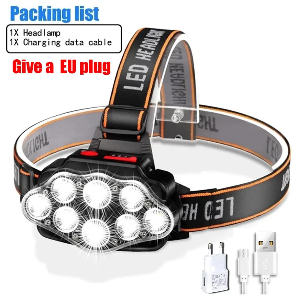 Multifunctional 8 LED Headlamp USB Rechargeable 8 Modes Headlight Lamps Flashlight COB Headlights Waterproof for Camping Fishing