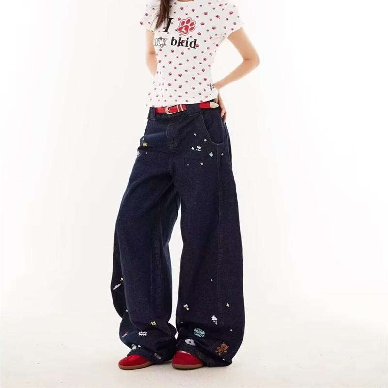 College style American retro cartoon jeans men and women loose couple straight washed wide-leg casual pants men